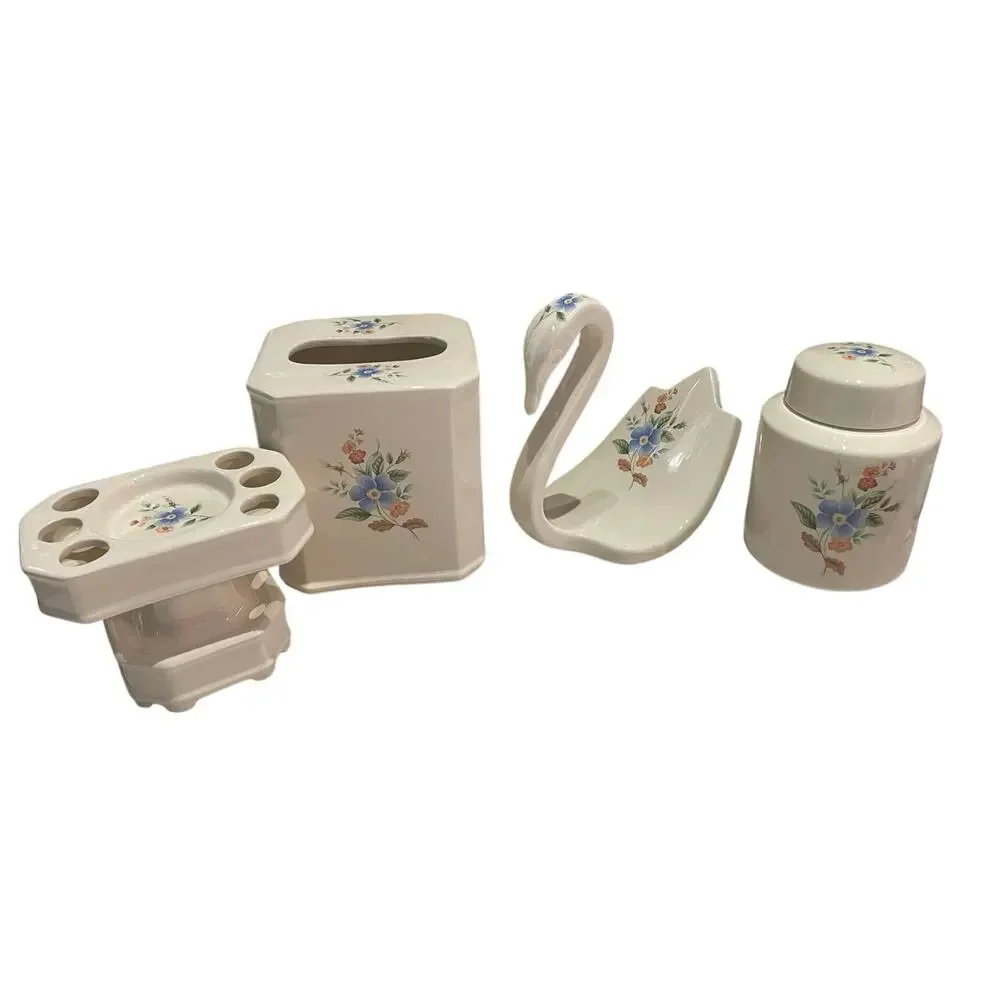 Victorian look four piece cream Bathroom Set Ceramic with floral design.